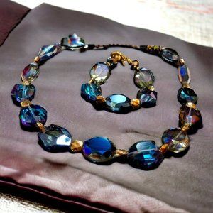 Cobalt Blue Statement Necklace & Bracelet Iridescent Faceted Glass Bead Jewelry